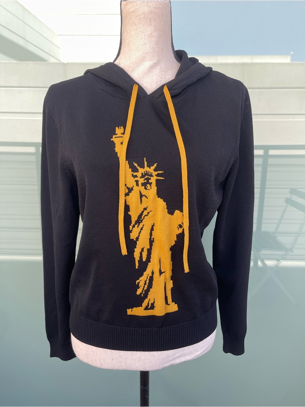 New York & Company Black Hoodie Sweater Gold Yellow Statue of Liberty Graphic